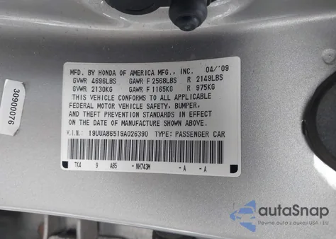 2009 Acura Tl 3.5 из США, поврежденный, VIN 19UUA86519A026390